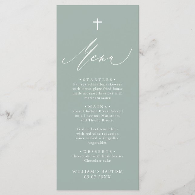 Menykort för Sage Grönt White Kor Boy Baptism Meny (Framsida)