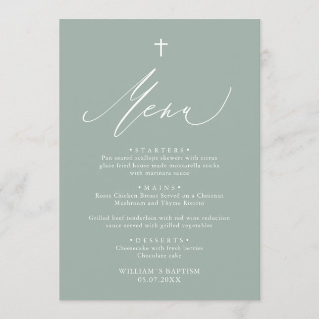 Menykort för Sage Grönt White Kor Boy Baptism Meny (Framsida)