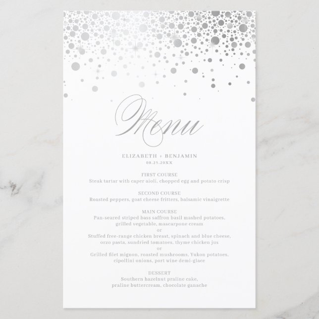 Menykort för Silver Foil Confetti Dots Bröllop (Framsida)