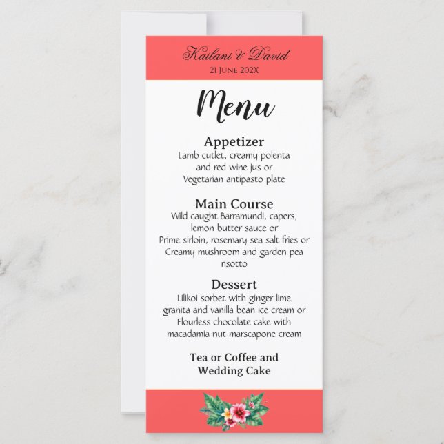Menykort för temat Tropical Blommigt bröllop (Framsida)