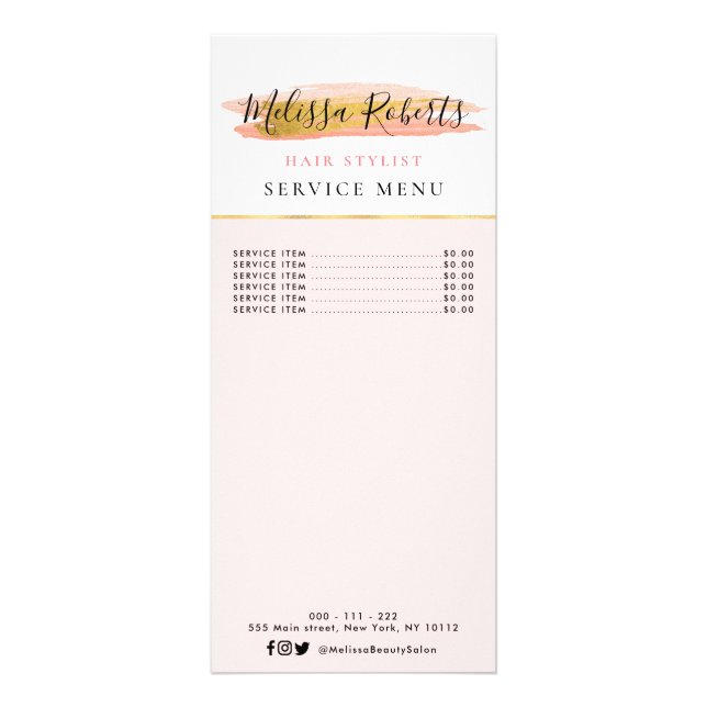 Menykort för tjänsten trendig guld och rosa reklamkort (Framsidan)