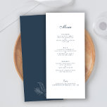 Menykort för Tropical Löv Bröllop Meny<br><div class="desc">Inbjudningskortet i elegant bröllop har en typografisk snyggt med en minimalistisk teckning av den tropiska linjen handflatan löv i ett marint blått färg. Biet i bröllopsdagen är redot du kan anpassa. Bläddra i den Tropical Löv Navy Minimal Bröllop Suite om du vill söka efter motsvarande inbjudningar och papper.</div>