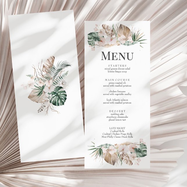 Menykort för Tropiska orkidéer och Monstera Bröllo Meny (Tropical Orchid and Monstera Wedding Menu Card on a sunny white dry palm leaf.)