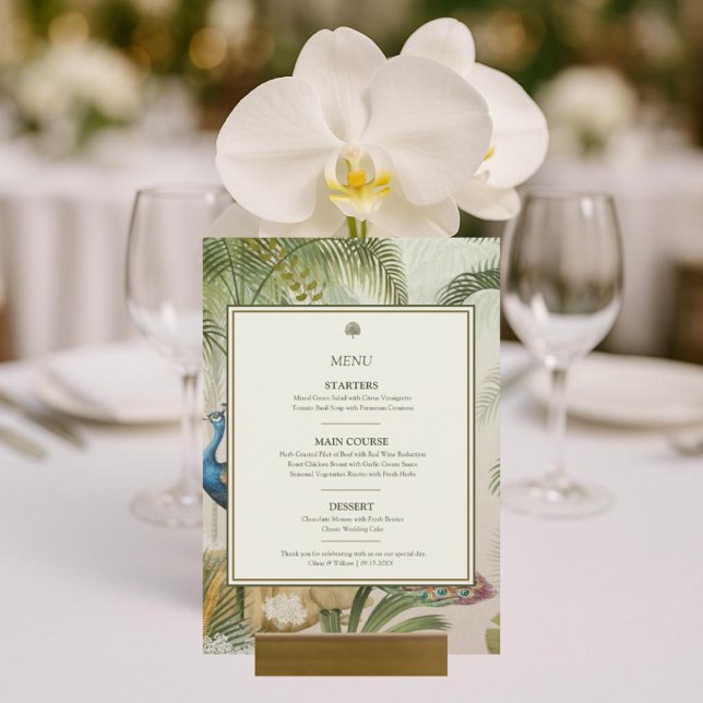 Menykort för Tropiska Peacock Handflatan 5x7 Bröll Meny (Tropical Peacock Palm 5x7 Wedding Menu Card styled with orchids & glassware for resort wedding. )