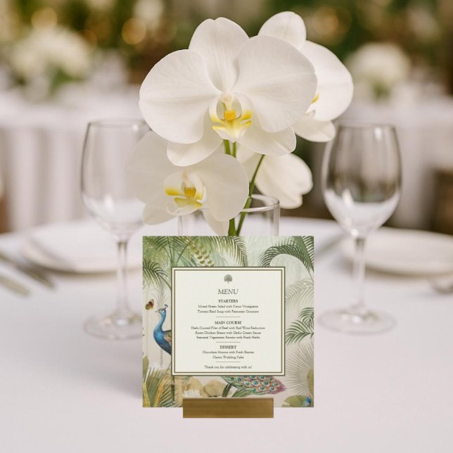 Menykort för Tropiska Peacock Handflatan Square Br Meny (Elegant Peacock & Palm Wedding Menu Card – Tropical Reception Table Decor)
