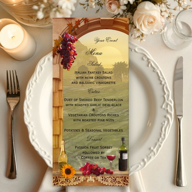 Menykort för vin eller Vin Meny (Wedding menu card in vintage Italian style with a winery or vineyard theme)