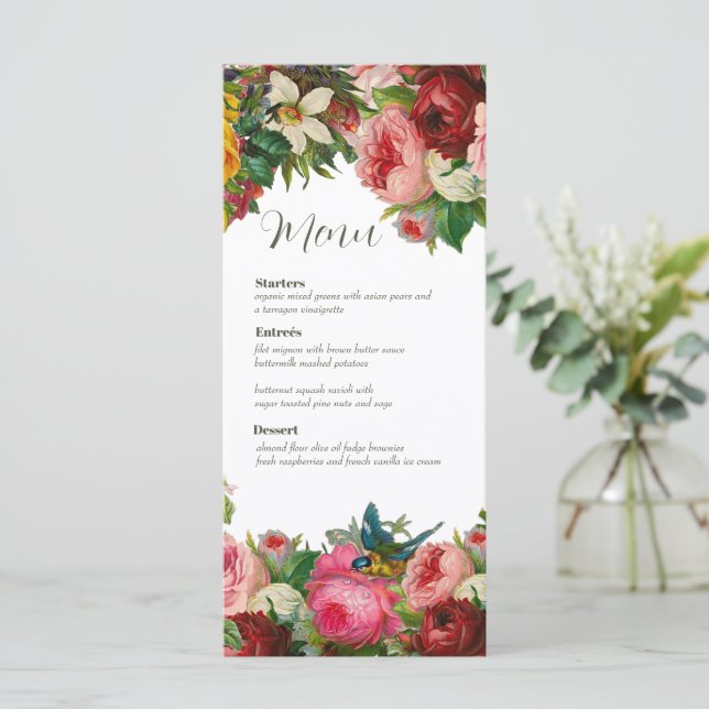 Menykort för vintage Blommigt Bröllop (Stående Fram)