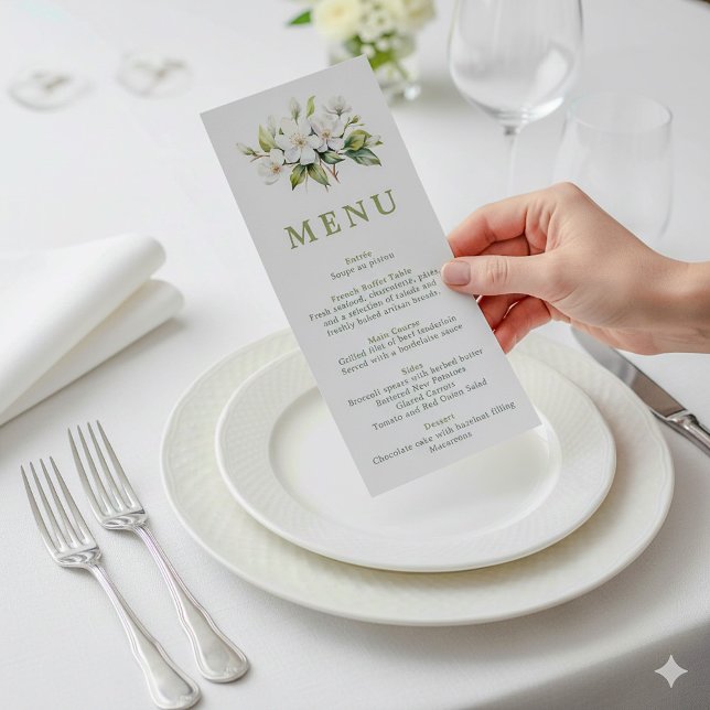 Menykort för vit Blommigt, botaniskt Bröllop Meny (Pretty apple blossom wedding reception meal menu being held above a dining plate.)