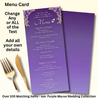 Menykort - Lila Mauve Flowers & White Bröllop Meny