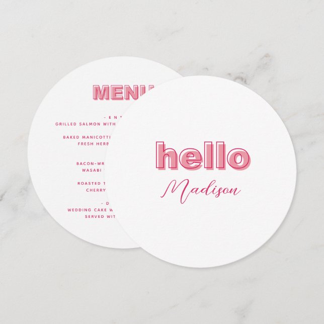 Menykort med fetstil i rosa med Namn Meny (Fram/baksida)