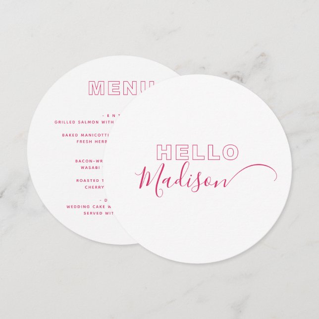 Menykort med fetstil i rosa med Namn Meny (Fram/baksida)