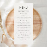 Menykort med minimal modern Elegant Meny<br><div class="desc">Modern & Elegant bröllop, Party eller jubileumsmeny. En elegant i svartvitt eller valfritt färg i bakgrunden. Klicka bara på den anpassade länken, som visas under textanpassning på högerna, och välj anpassningsbarnas bakgrund färg. Med den här mallen för poster av tecken kan du snabbt och enkelt skapa bedövande tillägg till din...</div>