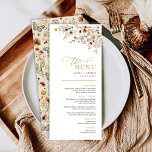Menykortet Boho Fall Wildblomsterbakgård Bröllop Meny<br><div class="desc">Den här eleganten har en rustik vintage-jokerblommor som kommer att göra gästerna glada. Typografin är utmärkt utformad med en blandning av klassiskt och modernt typsnitt,  skapar texten lätt att läsa samtidigt som den tillför lite elegans och sofistikering.</div>