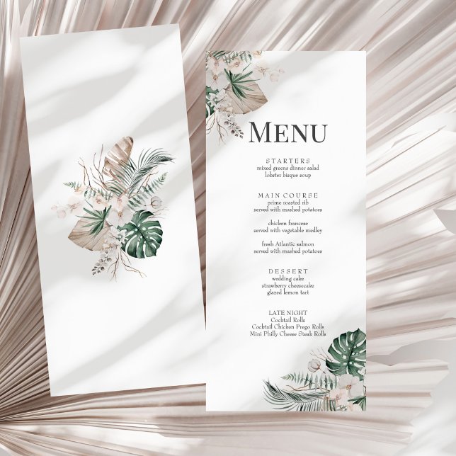 Menykortet Boho Tropical Orchid & Monstera Bröllop Meny (Boho Tropical Orchid & Monstera Wedding Menu Card on a sunny white dry palm leaf.)
