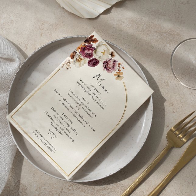 Menykortet Burgundy Blommigt Photo Fall Wedding Inbjudningar (Skapare uppladdad)