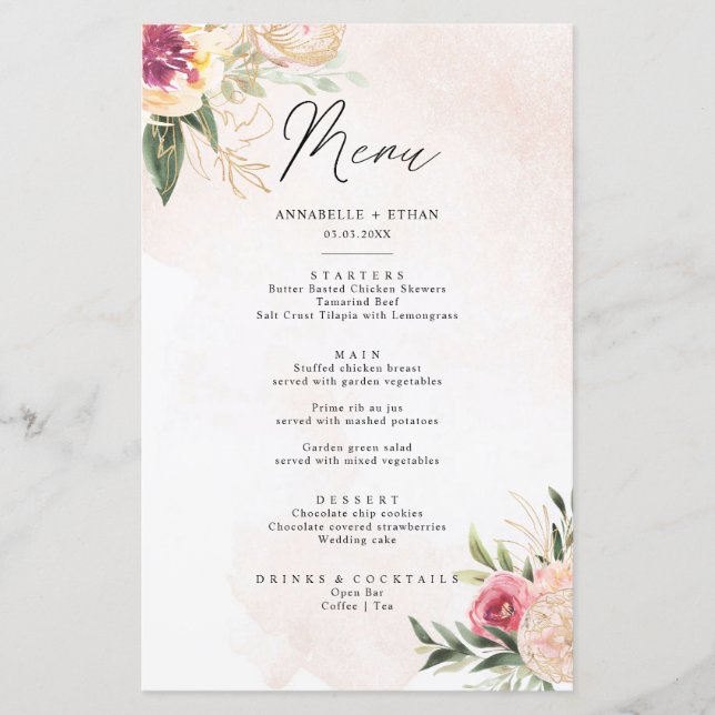 Menykortet Peony och Gold Foil Bloom (Framsida)