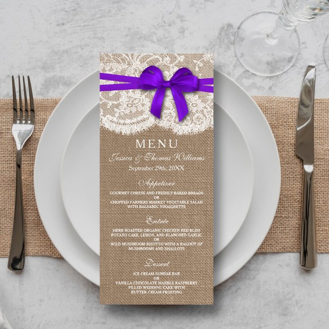 Menykortet Rustic Lila Bow Bröllop Collection Reklamkort (Skapare uppladdad)