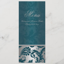 Menykortet Silver och Teal Damask II Bröllop Meny