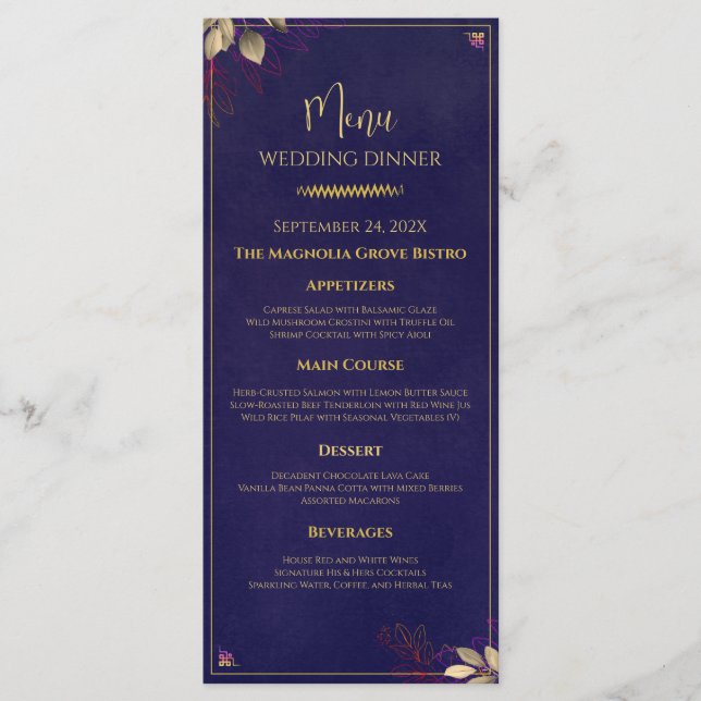 Menymall för Guld Blommigt Bröllop Meny (Framsida)