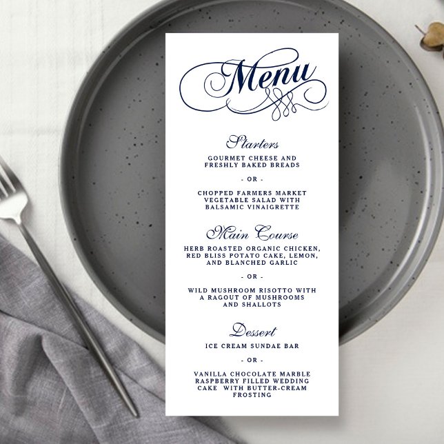 Menymallar för elegant, blå och vit Bröllop Reklamkort (Skapare uppladdad)