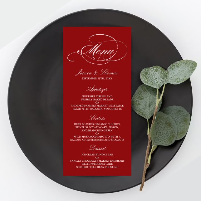 Menymallar för elegant Red and White Bröllop Reklamkort (Skapare uppladdad)