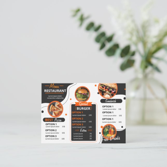 Menymallen Svartvit och Orange Elegant Restaurant Anteckningskort (Stående Fram)