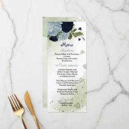 Menyn blåa blommor greenery bröllop meny