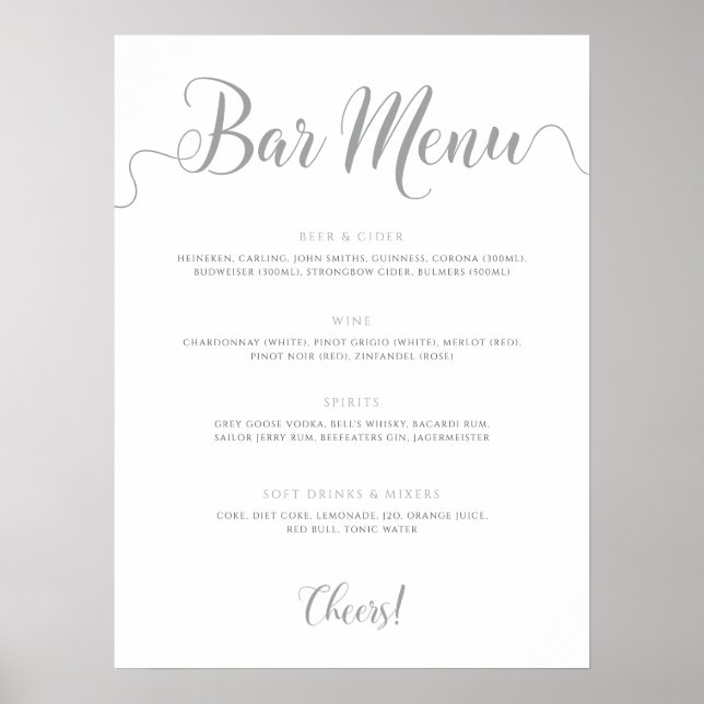 Menyn Bröllop Drinks Menu silver Poster (Framsidan)