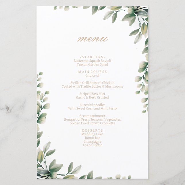 Menyn bröllop i Modern elegant eucalyptus löv (Framsida)