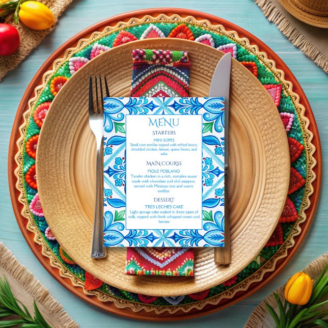 Menyn bröllop i plattorna i Aqua Blue Talavera (Aqua Blue Talavera tiles vintage Mexican wedding menu cards personalized wedding reception decor)