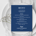 Menyn Budget Simple Elegant Navy Blue Bröllop<br><div class="desc">Ett litet, prisvärt pappert blått middagsmenykort för marinen med dina matval i vit chic är perfekt för en modern bröllopsdag, bröllop-repetitionsmiddag, årsdag party eller speciella evenemang med en sittplatsmiddag. *Mått 4, 5 x 5, 6 tum (eller välj mellan 2 andra storlekar) tryckt på 110 lb papper vikt. Kuvert är tillgängliga...</div>