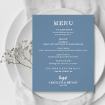 Menyn Budget Simple Elegant Slate Blue Bröllop<br><div class="desc">Ett litet, prisvärt pappert blått bordsmenykort med mat och chic-vita brev är perfekt för en modern bröllopsdag, bröllop-repetitionsmiddag, årsdag party eller speciella evenemang med en sittplatsmiddag. *Mått 4, 5 x 5, 6 tum (eller välj mellan 2 andra storlekar) tryckt på 110 lb papper vikt. Kuvert är tillgängliga till en extra...</div>