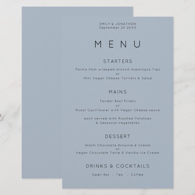 Menyn Budget Simple Typography Dusty Blue Bröllop (Fram/baksida)