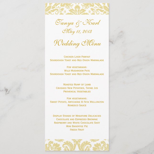 Menyn Cernam Blommigt Guld Damask Wedding Meny (Framsida)