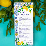Menyn Citron bröllop (blå plattor) Meny<br><div class="desc">Vår italiensk-mediterrana inspirerade blå keramiska bricka mönster,  parad med sansade gult grönt vattenfärgscitroner,  skapar en ny och modern inbjudan till bröllop-matmenyn som säkert imponerar! Med ett modernt penselskript för båge och elegant. Impress dina gäster med det här trendiget och den unika designen som kommer att få alla att prata.</div>