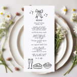 Menyn Cute Handskriftlig Doodle Bow Wedding Mottag Meny<br><div class="desc">Lägg till lite stollig och charm till bröllopsmottagningen med vår Cute Handskriftlig Doodle Bow Wedding Reception Menu. Den här snygga menydesignen har en lekfull doodle bows och en handskriven stil som på ett perfekt sätt fångar den glatta och romantiska essensen av din speciella dag.</div>
