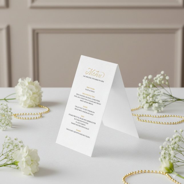 Menyn elegant bröllop (guld) kort (Gold elegant script, romantic birds wedding menu.)