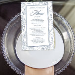 Menyn elegant dammig blå vintage ro bröllop<br><div class="desc">Elegant Dammal blå vintage ro blommigt blommigt botaniskt mönster på ett vitt calligraphy script bröllop-menymall för bakgrundskalligrafi.</div>