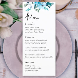 Menyn elegant dammiga blåvita blommor bröllop meny