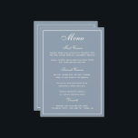 Menyn elegant Dusty Blue White Script Bröllop Meny<br><div class="desc">Ett elegant som visar gästerna deras menyalternativ. I dammig blå med vit skrift. Ett bröllop-teckensnitt med elegant har kombinerats med ett modernt teckensnitt med versaler i stil som skapar en snyggt,  men ändå en användarvänlig bröllop-meny. Det finns tillräckligt med utrymme för menyalternativen.</div>