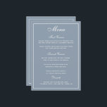 Menyn elegant Dusty Blue White Script Bröllop Meny<br><div class="desc">Ett elegant som visar gästerna deras menyalternativ. I dammig blå med vit skrift. Ett bröllop-teckensnitt med elegant har kombinerats med ett modernt teckensnitt med versaler i stil som skapar en snyggt,  men ändå en användarvänlig bröllop-meny. Det finns tillräckligt med utrymme för menyalternativen.</div>
