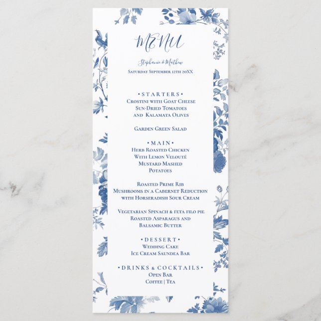 Menyn elegant Fransk Blue Blommigt Toile Bröllop Meny (Framsida)