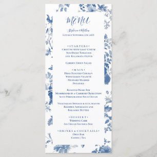Menyn elegant Fransk Blue Blommigt Toile Bröllop Meny