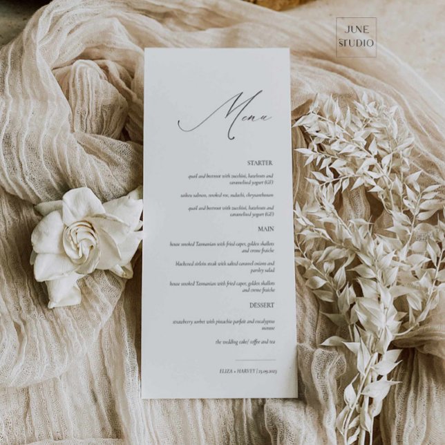 Menyn elegant Modern Script Bröllop Meny (elegant modern script wedding menu card, 4x9 dainty wedding menu, long menu, modern minimalist menu)