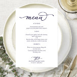 Menyn elegant Navy Blue Script Bröllop Meny<br><div class="desc">Ett enkelt menykort för calligraphy bröllop i chic. Jag erbjuder en kostnadsfri anpassningstjänst. Om du har några frågor eller speciella förfrågningar kan du kontakta mig.</div>