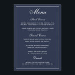 Menyn elegant Navy Blue White Script Bröllop Meny<br><div class="desc">Ett elegant som visar gästerna deras menyalternativ. Vit text på en marin blå bakgrund. . Ett bröllop-teckensnitt med elegant har kombinerats med ett modernt teckensnitt med versaler i stil som skapar en snyggt,  men ändå en användarvänlig bröllop-meny. Det finns tillräckligt med utrymme för menyalternativen.</div>