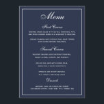 Menyn elegant Navy Blue White Script Bröllop Meny<br><div class="desc">Ett elegant som visar gästerna deras menyalternativ. Vit text på en marin blå bakgrund. . Ett bröllop-teckensnitt med elegant har kombinerats med ett modernt teckensnitt med versaler i stil som skapar en snyggt,  men ändå en användarvänlig bröllop-meny. Det finns tillräckligt med utrymme för menyalternativen.</div>