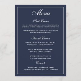 Menyn elegant Navy Blue White Script Bröllop Meny