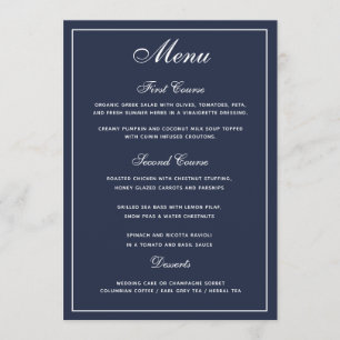 Menyn elegant Navy Blue White Script Bröllop Meny