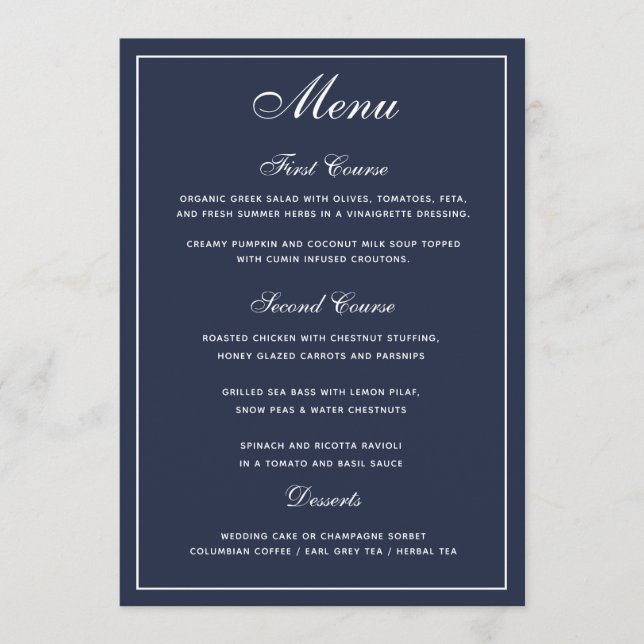 Menyn elegant Navy Blue White Script Bröllop Meny (Framsida)